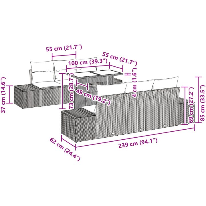 7-delars trädgårdssoffset med kuddar i grå polyrotting vidaXL 100 x 55 x 73 cm – bild 10