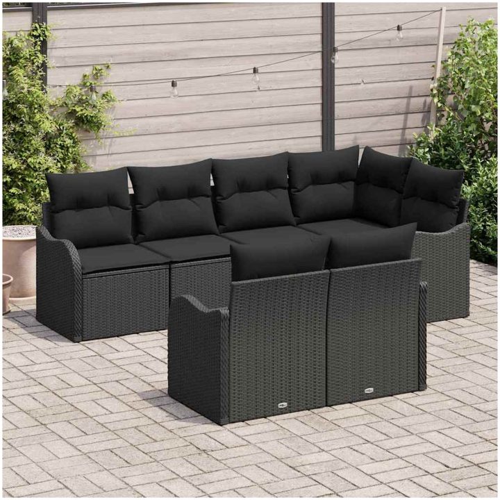 7-delars Trädgårdssoffset med kuddar Svart Poly Rattan vidaXL Stor – bild 3