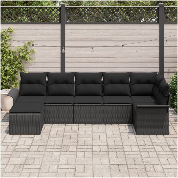 7-delars trädgårdssoffset med kuddar svart poly rotting vidaXL 297,5 x 132,5 x 85 cm – bild 3