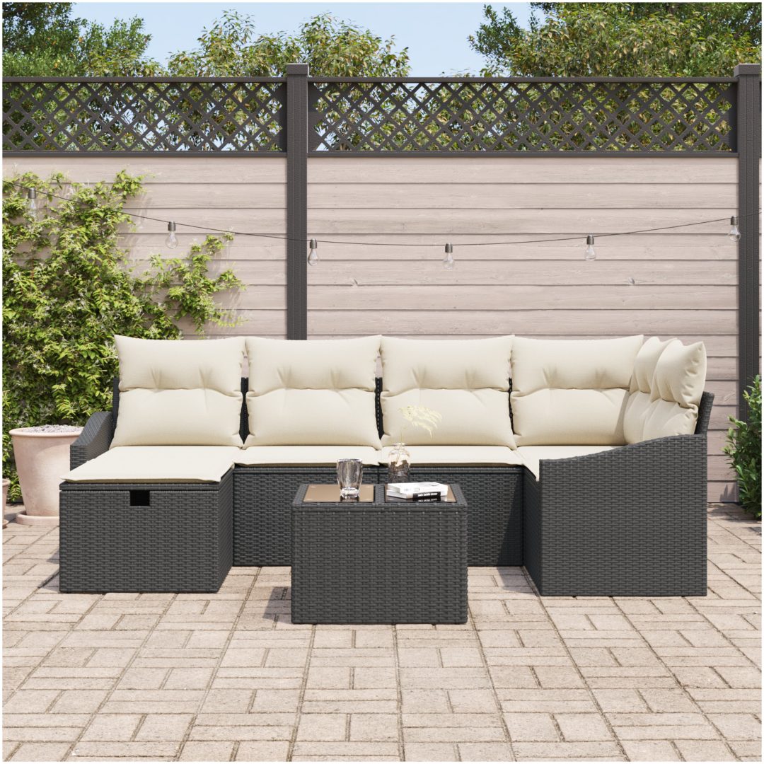 7 Delars Trädgårdssoffset med Kuddar Svart Poly Rottning vidaXL 55 x 55 x 37 cm – bild 3