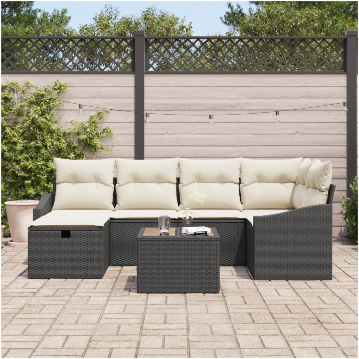7 Delars Trädgårdssoffset med Kuddar Svart Poly Rottning vidaXL 55 x 55 x 37 cm – bild 3