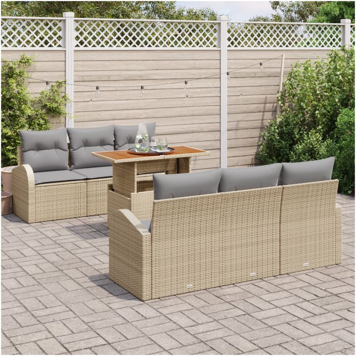 7-delars trädgårdsssofa set med kuddar beige poly rattan vidaXL Medium – bild 3
