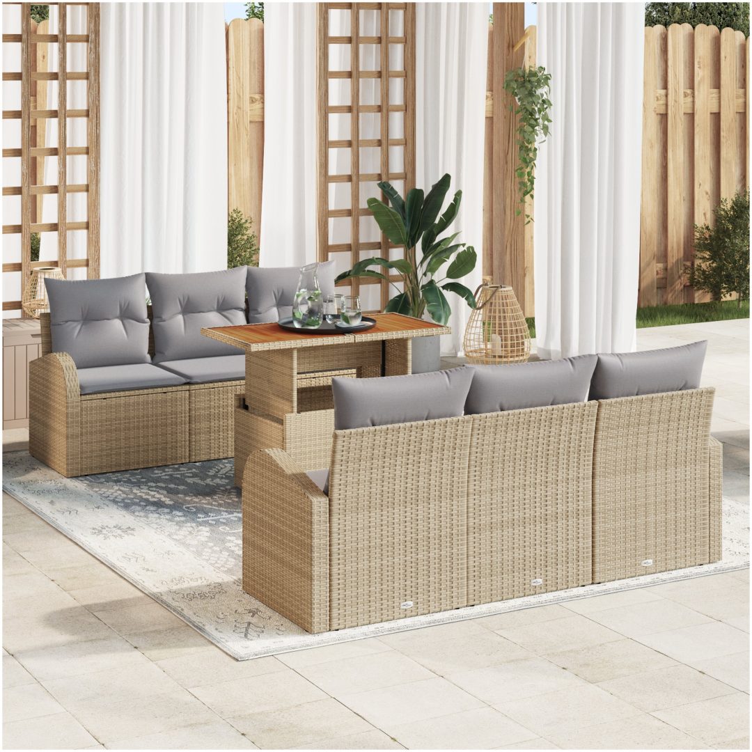 7-delars trädgårdsssofa set med kuddar beige poly rattan vidaXL Medium