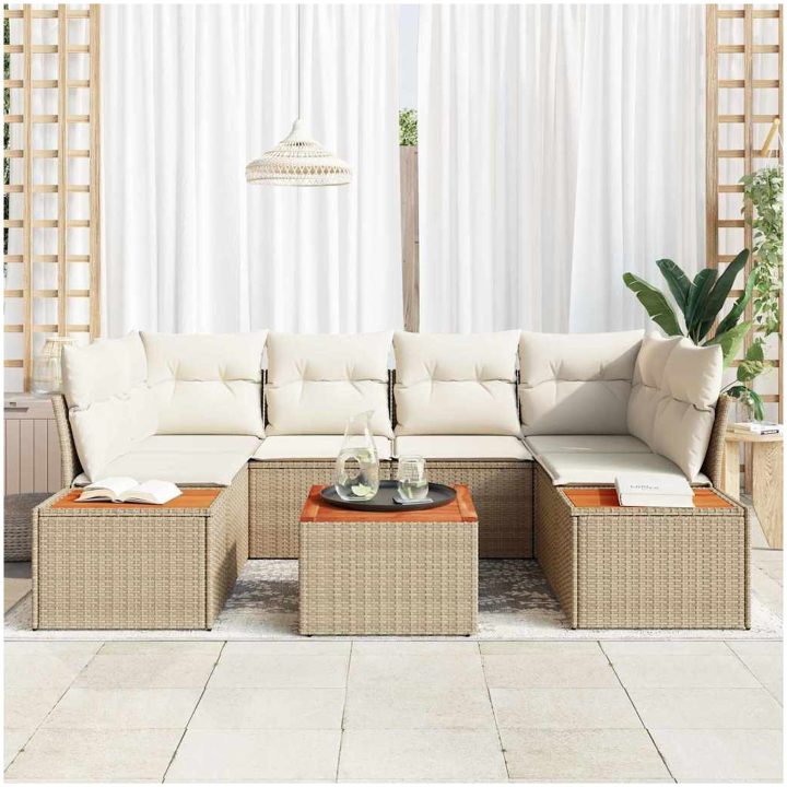 7-delars trädgårsoffan med beige kuddar i poly rattan och akacia vidaXL 55 x 55 x 37 cm – bild 3