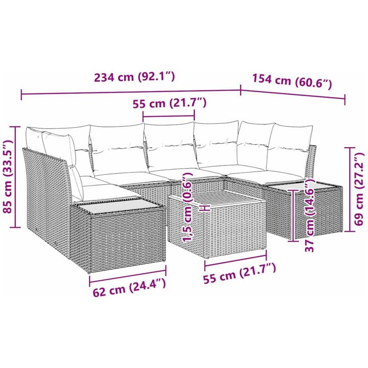 7-delars trädgårsoffan med beige kuddar i poly rattan och akacia vidaXL 55 x 55 x 37 cm – bild 9
