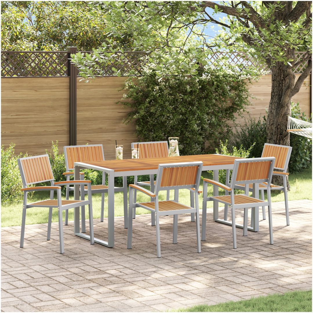 7-delars utematsats av solid akacia och metall vidaXL 180 x 90 x 75 cm