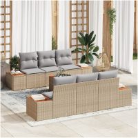 7-delars utemöbelset med kuddar i beige poly-rattan och akacia vidaXL