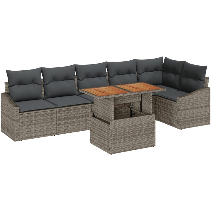 7-delars utemöbelset med kuddar i grå poly rattan och akacia vidaXL 100 x 55 x 73 cm – bild 2