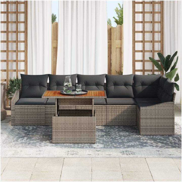 7-delars utemöbelset med kuddar i grå poly rattan och akacia vidaXL 100 x 55 x 73 cm – bild 3