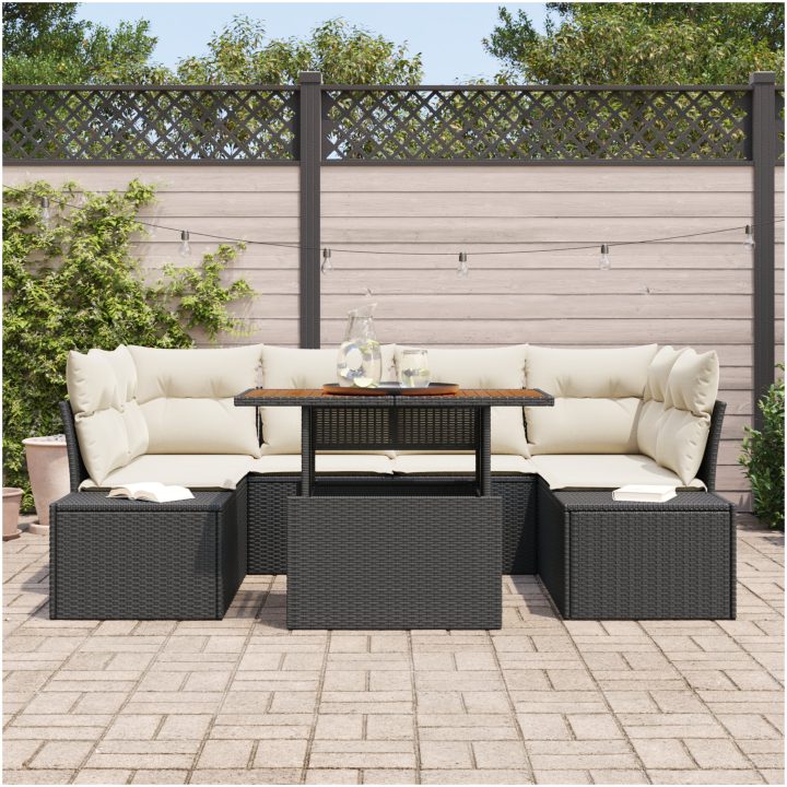 7-delars utemöbelset med kuddar i svart poly-rattan vidaXL 100 x 55 x 73 cm – bild 3