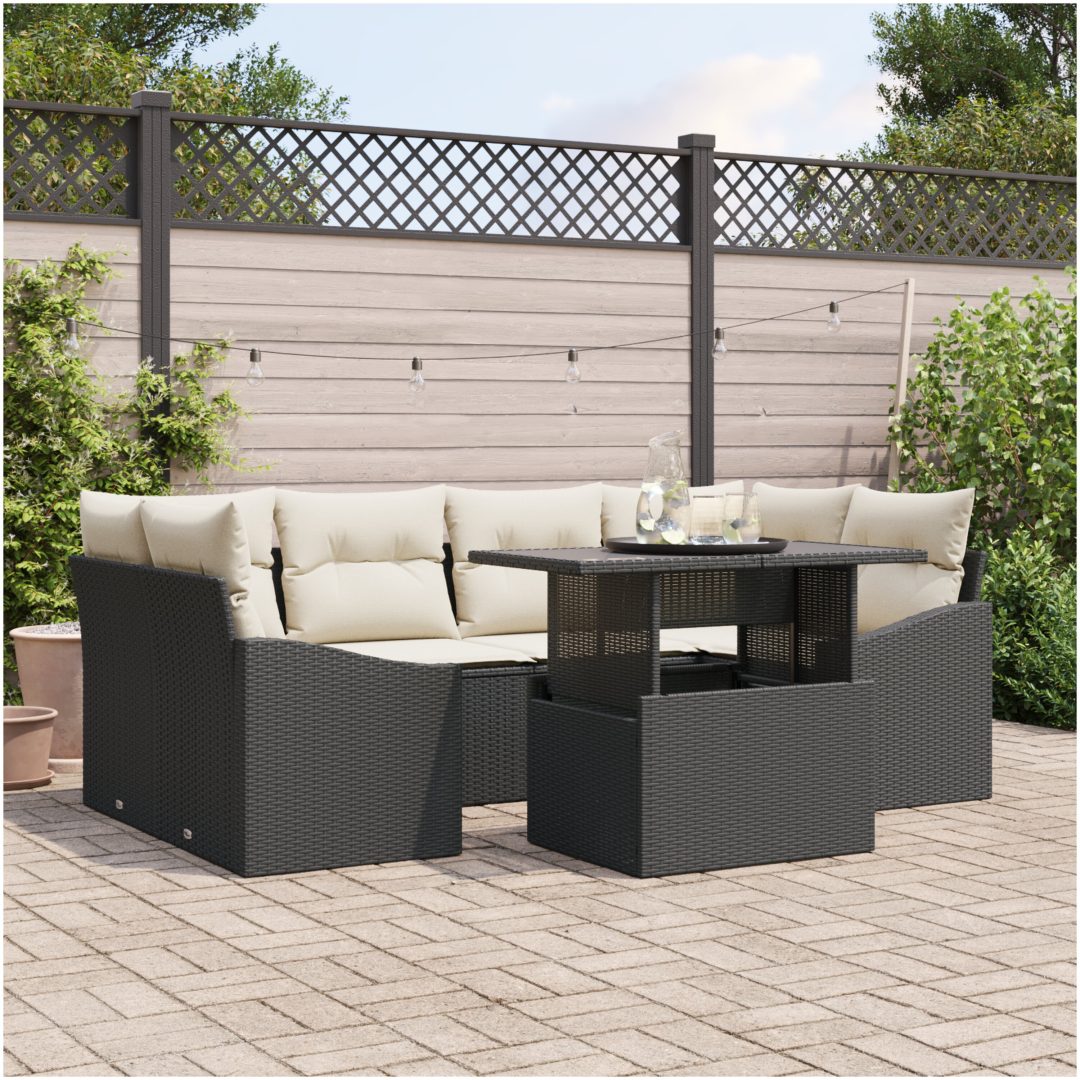 7-delars utesoffa set med kuddar svart polyrotting vidaXL 100 x 55 x 73 cm