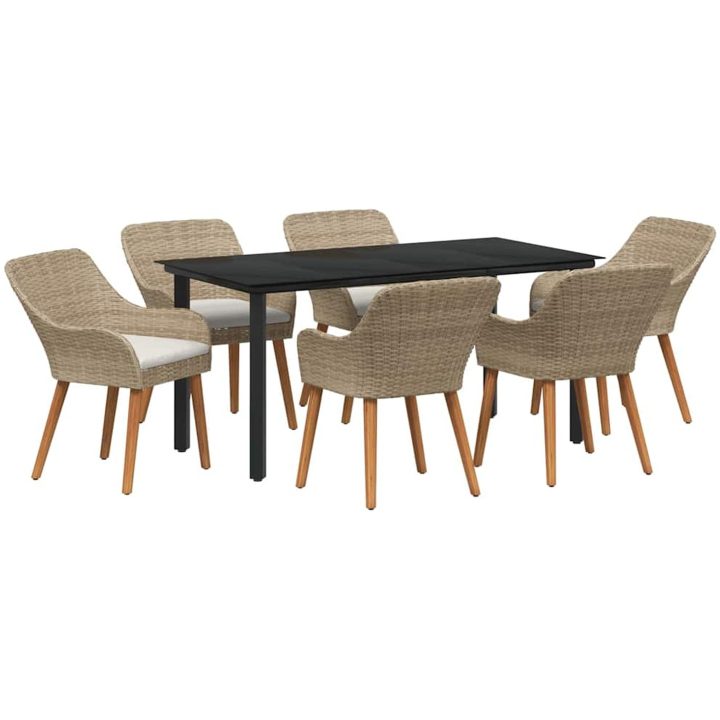 7-delat trädgårds matbord Beige Poly Rotting vidaXL 160 x 80 x 74 cm – bild 2