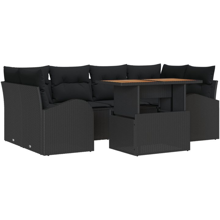 7-delat Trädgårds Matsal Set med Kuddar Svart Poly Rattan Akacia vidaXL 100 x 55 x 73 cm – bild 2