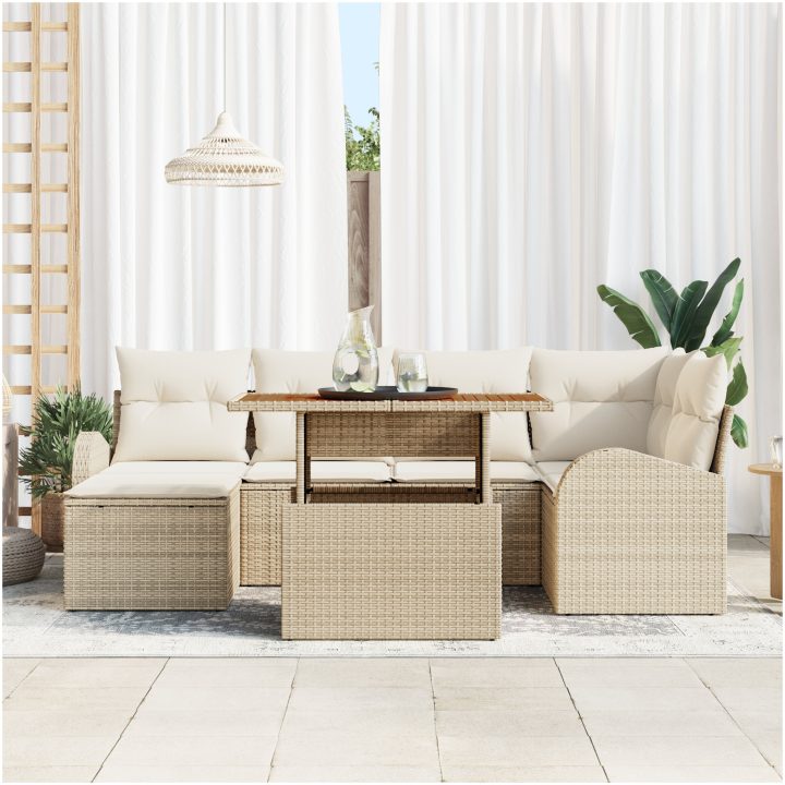 7-delat trädgårds matsals set med kuddar Beige Poly rotting Akacia vidaXL 100 x 55 x 73 cm – bild 3