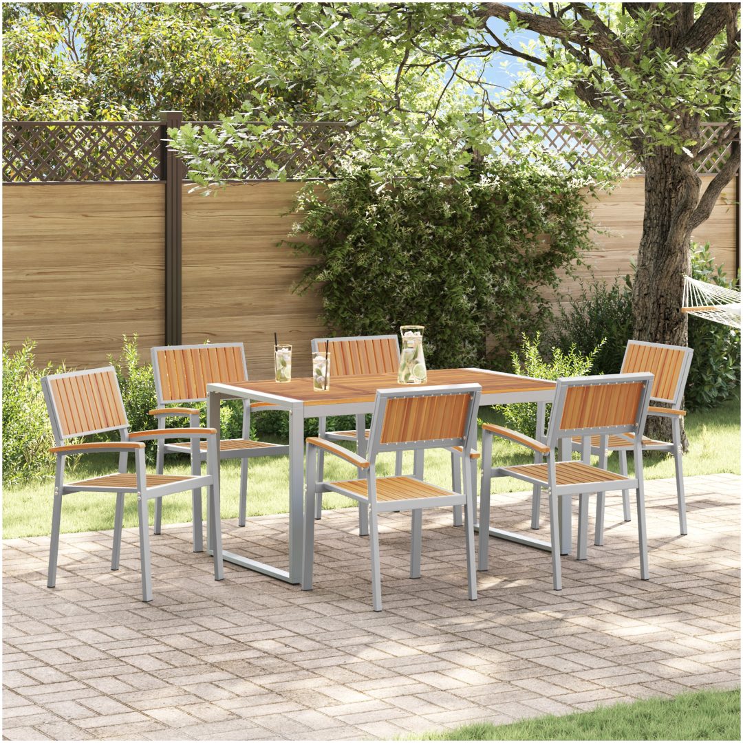 7-delat trädgårdsdining set i solid akacia och metall vidaXL 140 x 80 x 75 cm