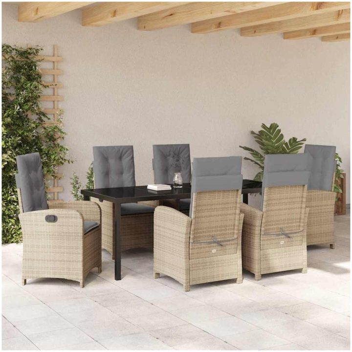 7-delat trädgårdsdining set med kuddar - beige poly rattan vidaXL 200 x 80 x 73 cm – bild 4