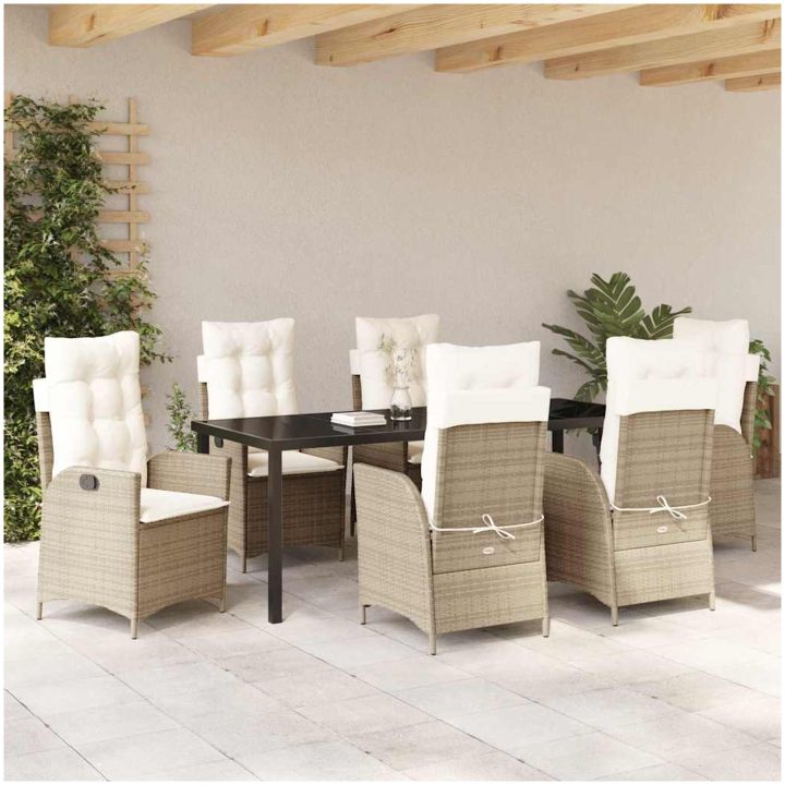 7-delat trädgårdsdining set med kuddar Beige Poly Rattan vidaXL 200 x 80 x 73 cm – bild 4