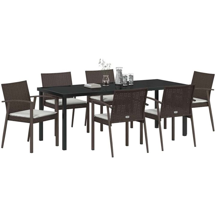 7-delat trädgårdsdining-set med kuddar brun poly-rattan vidaXL 56.5x57x83 cm – bild 3