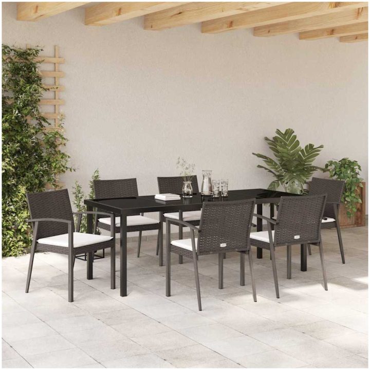 7-delat trädgårdsdining-set med kuddar brun poly-rattan vidaXL 56.5x57x83 cm – bild 4