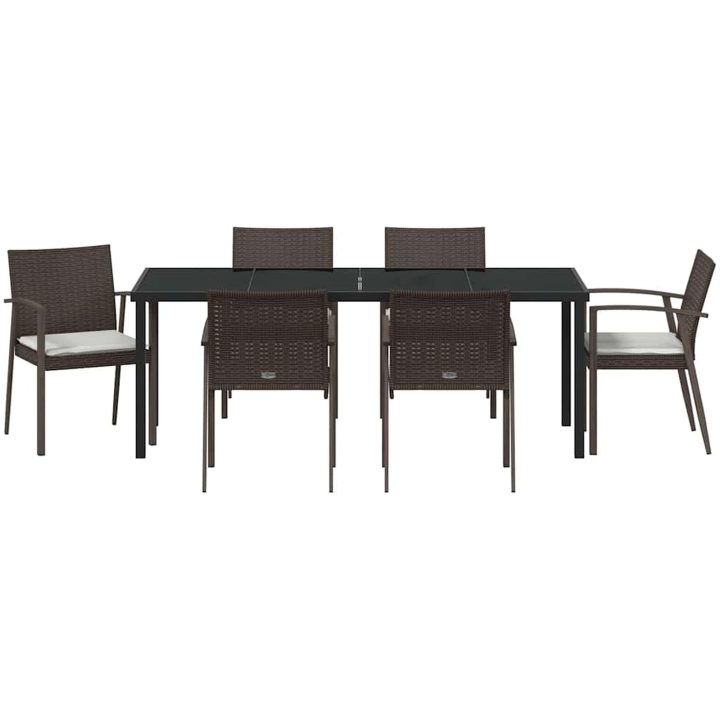 7-delat trädgårdsdining-set med kuddar brun poly-rattan vidaXL 56.5x57x83 cm – bild 6