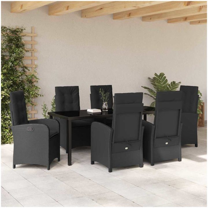 7-delat Trädgårdsdining Set med Kuddar - Svart Poly Rattan vidaXL 200 x 80 x 73 cm – bild 4