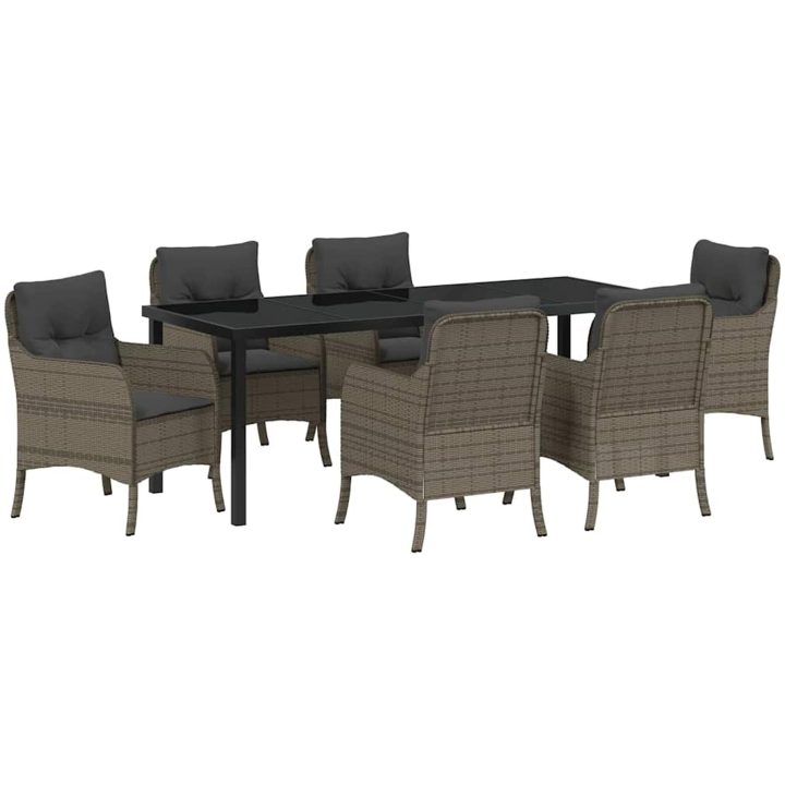 7-delat Trädgårdsdiningset med Kuddar Grå Poly Rattan vidaXL 200 x 80 x 73 cm – bild 2