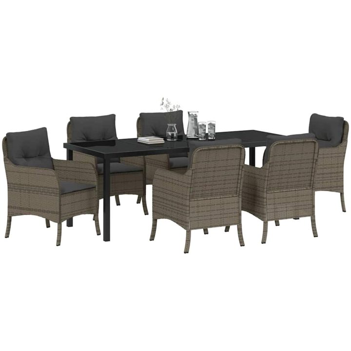 7-delat Trädgårdsdiningset med Kuddar Grå Poly Rattan vidaXL 200 x 80 x 73 cm – bild 3