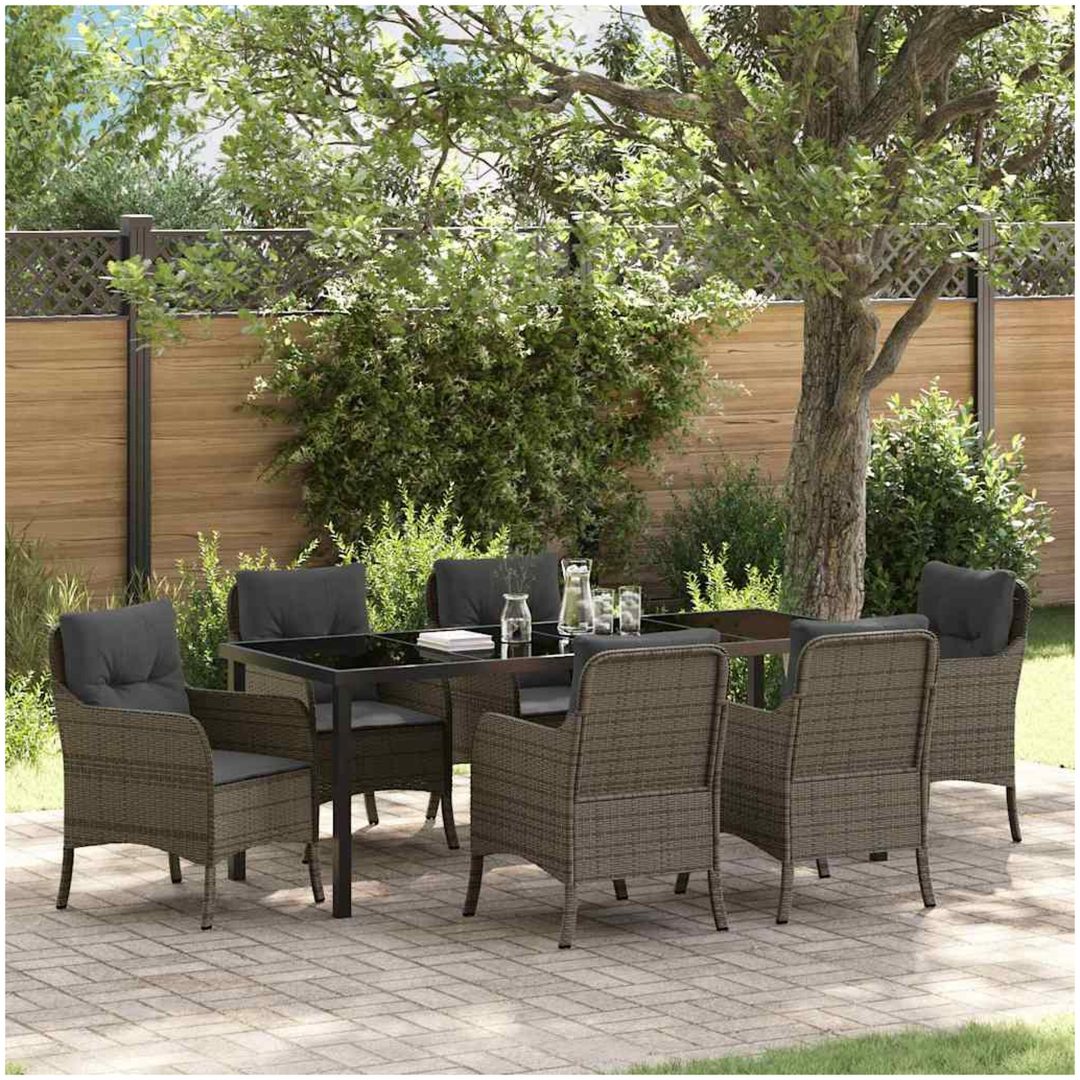 7-delat Trädgårdsdiningset med Kuddar Grå Poly Rattan vidaXL 200 x 80 x 73 cm