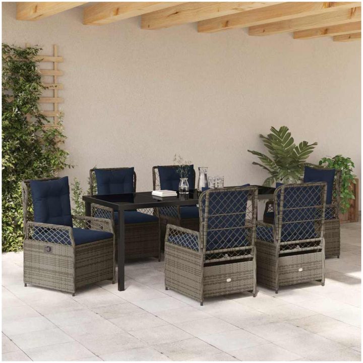 7-delat trädgårdsdinnerset i Grå Poly Rattan vidaXL 200 x 80 x 73 cm – bild 4
