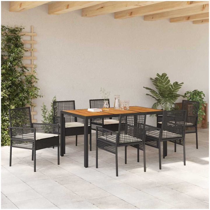 7-delat Trädgårdsinredningsset med Kuddar Svart Poly Rattan vidaXL 150 x 90 x 75 cm – bild 4