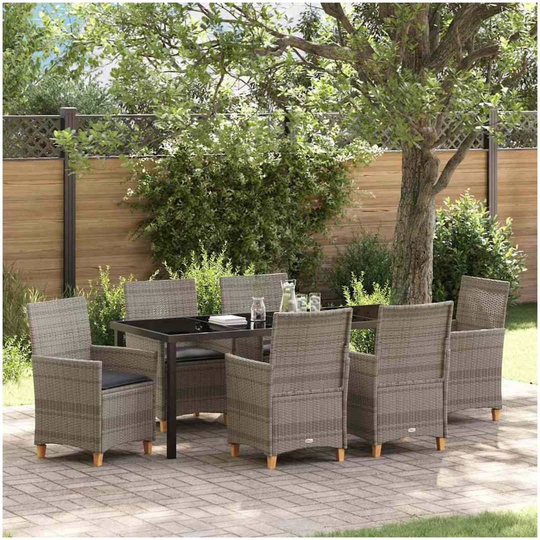 7-delat trädgårdsmatbord med kuddar, grå, poly-rattan. vidaXL 200 x 80 x 73 cm