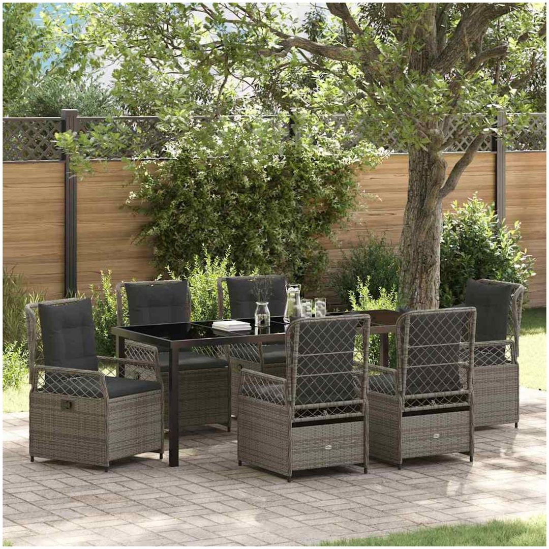 7-delat Trädgårdsmatbord Set Grå Poly Rattan vidaXL 200 x 80 x 73 cm