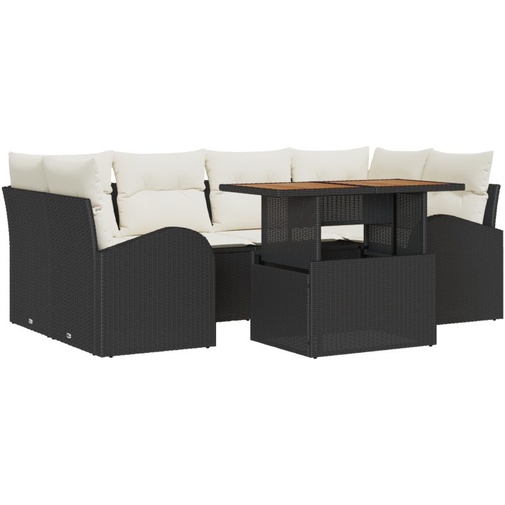 7-delat trädgårdsmatsalsset med kuddar Svart Poly Rottning Akacia vidaXL 100 x 55 x 73 cm – bild 2