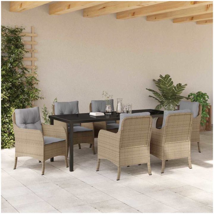 7-delat Trädgårdsmatset med kuddar Beige Poly konstrotting vidaXL 200 x 80 x 73 cm – bild 4