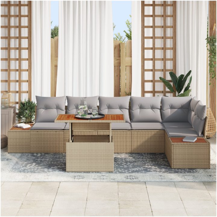 7-delat trädgårdsmöbelset med kuddar i beige och polyrotting samt akacia vidaXL 100 x 55 x 73 cm – bild 3
