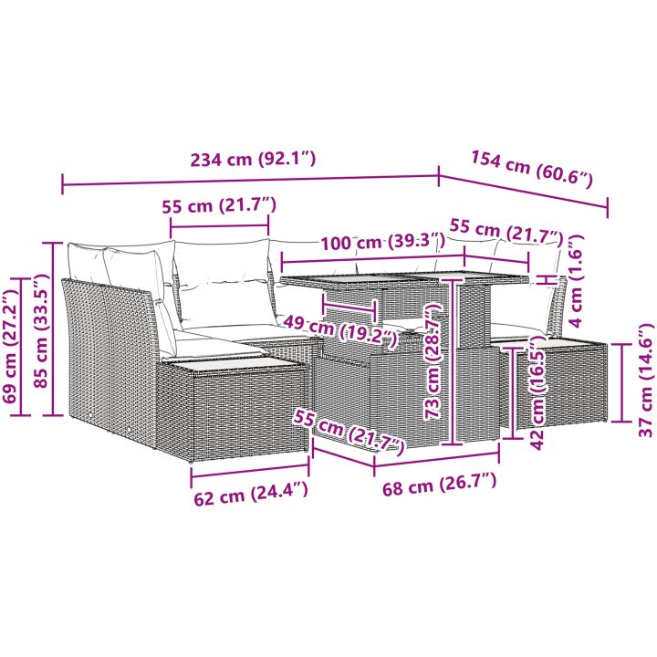 7-delat trädgårdsmöbelset med kuddar i grå poly-rattan vidaXL 100 x 55 x 73 cm – bild 11