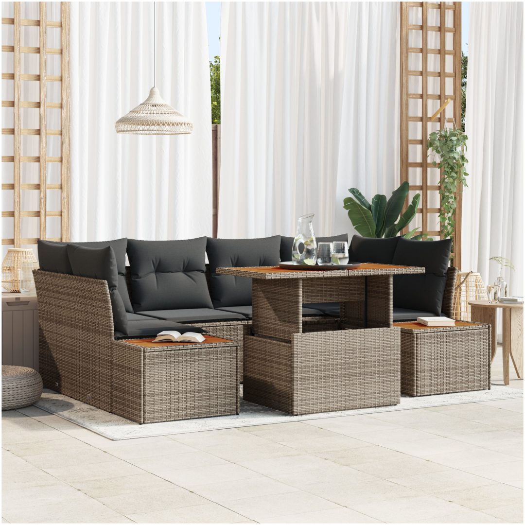 7-delat trädgårdsmöbelset med kuddar i grå poly-rattan vidaXL 100 x 55 x 73 cm