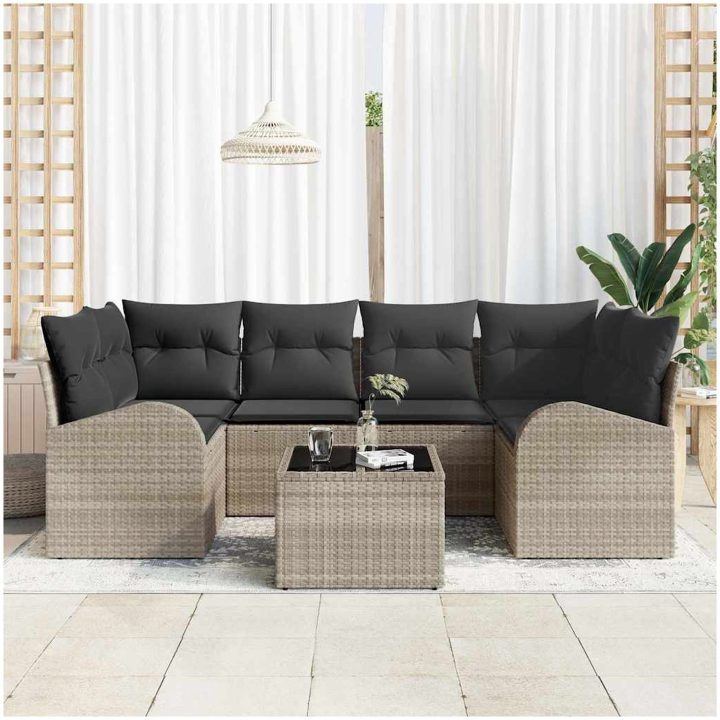7-delat Trädgårdsmöbelset med Kuddar Ljusgrå Poly Rattan vidaXL Medium – bild 3