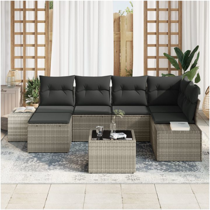 7-delat Trädgårdsofa Set med Kuddar Grå Konstrotting vidaXL 55 x 55 x 37 cm – bild 3