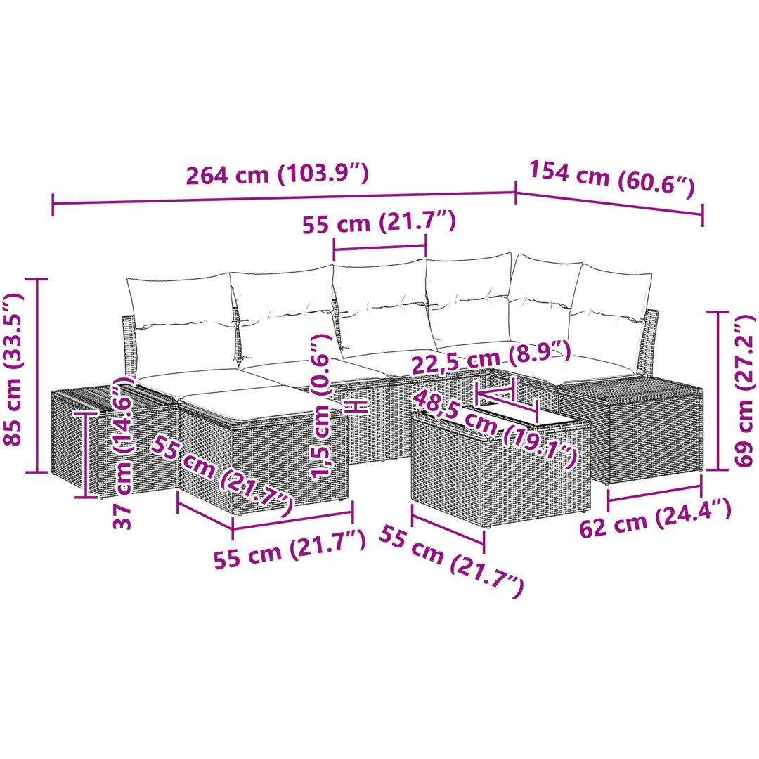 7-delat Trädgårdsofa Set med Kuddar Grå Konstrotting vidaXL 55 x 55 x 37 cm – bild 10