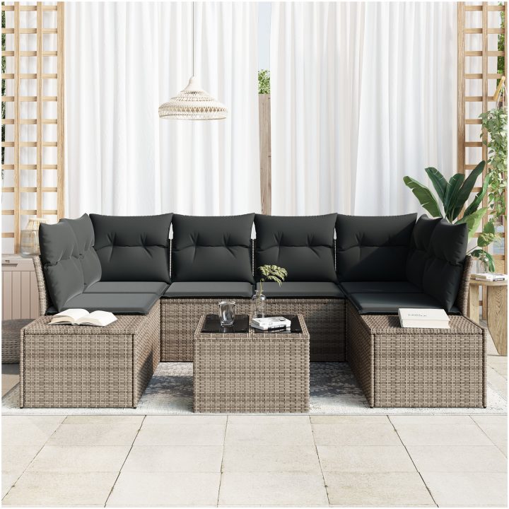 7-delat trädgårdsofa set med kuddar grå polyrotting vidaXL 55 x 55 x 37 cm – bild 3