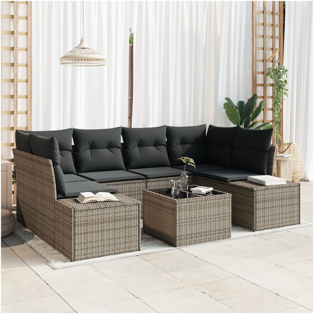 7-delat trädgårdsofa set med kuddar grå polyrotting vidaXL 55 x 55 x 37 cm