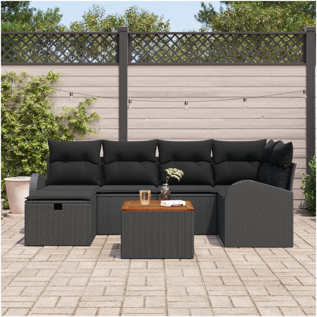 7-delat Trädgårdsofa Set med Kuddar Svart Poly Rattan vidaXL Stor – bild 3