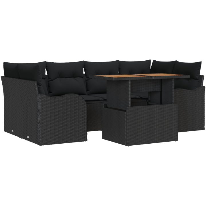 7-delat trädgårdsofabset med kuddar Svart Poly Rattan Akacia vidaXL Medium – bild 2