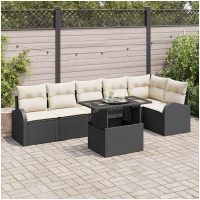 7-delat trädgårdsofaset med kuddar Svart Poly Rattan vidaXL