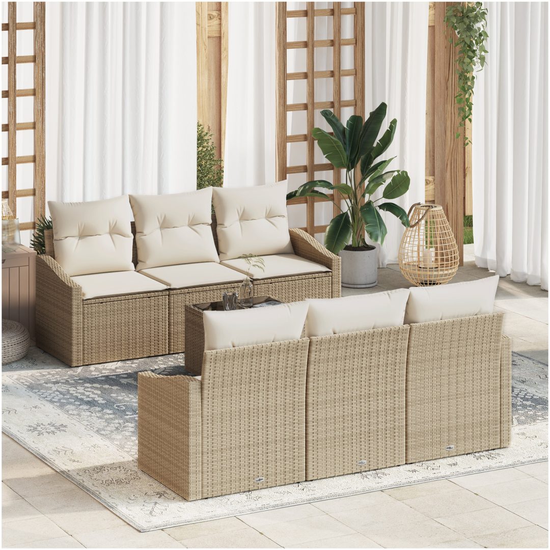 7-delat trädgårdsoff-set med kuddar Beige Konstrotting vidaXL 55 x 55 x 37 cm