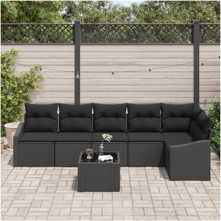 7-delat trädgårdsoff-set med kuddar Beige Poly Rattan vidaXL 288.5 x 123.5 x 85 cm – bild 3