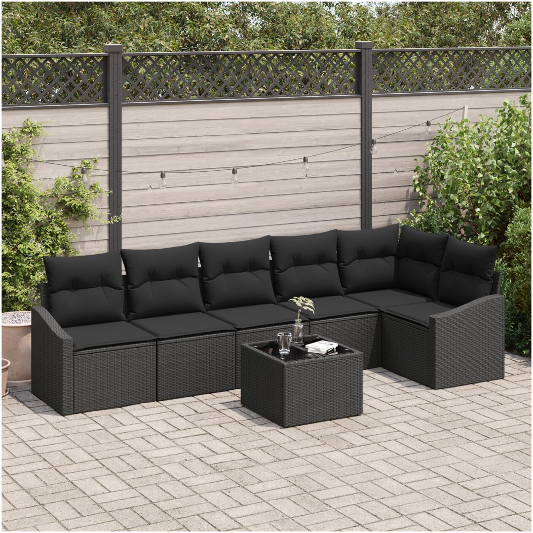 7-delat trädgårdsoff-set med kuddar Beige Poly Rattan vidaXL 288.5 x 123.5 x 85 cm