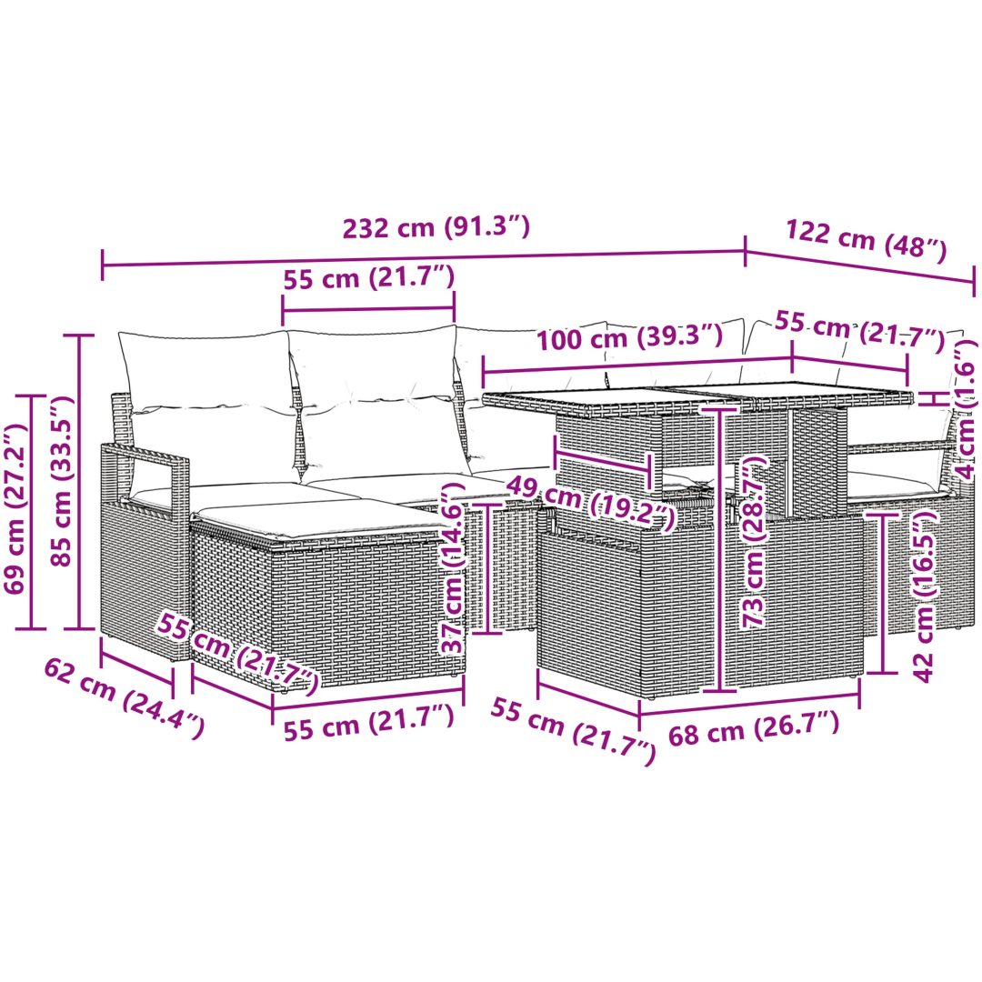 7-delat trädgårdsoff set med kuddar beige poly rattan vidaXL Större – bild 12