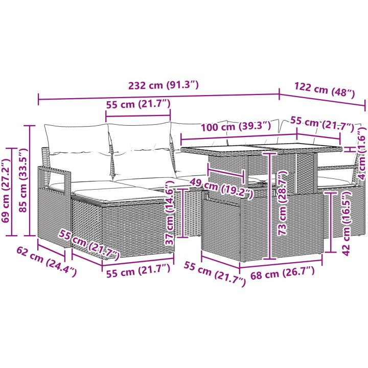 7-delat trädgårdsoff set med kuddar beige poly rattan vidaXL Större – bild 12